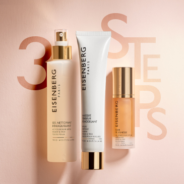 three skincare radiance-boosters for tired skin against a light salmon-coloured background with the text 3 steps 