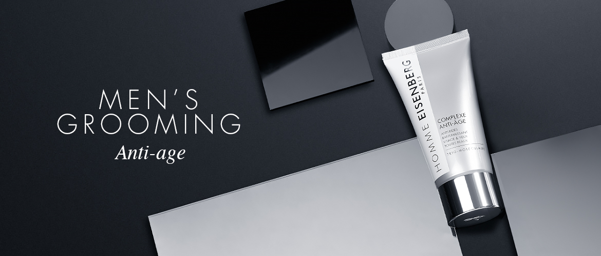 anti-ageing skincare for men on a graphic black and grey background 