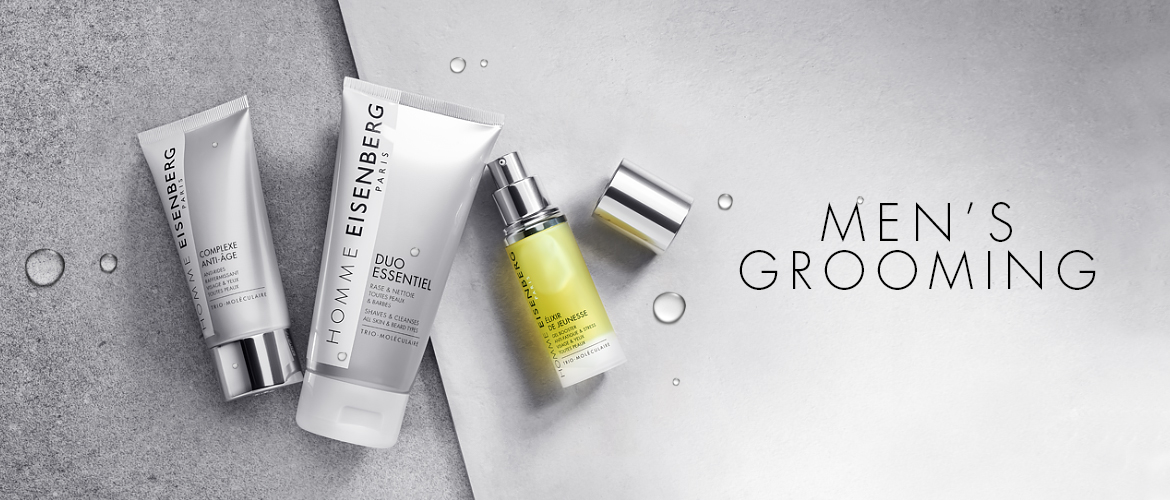 three men's grooming solutions against a grey background divided into two parts